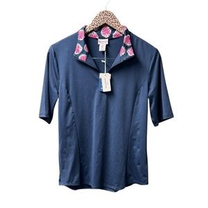 NEW Tommy Bahama Golf Womens Short Sleeve Collared 1/4 Zip Shirt Navy Blue Large